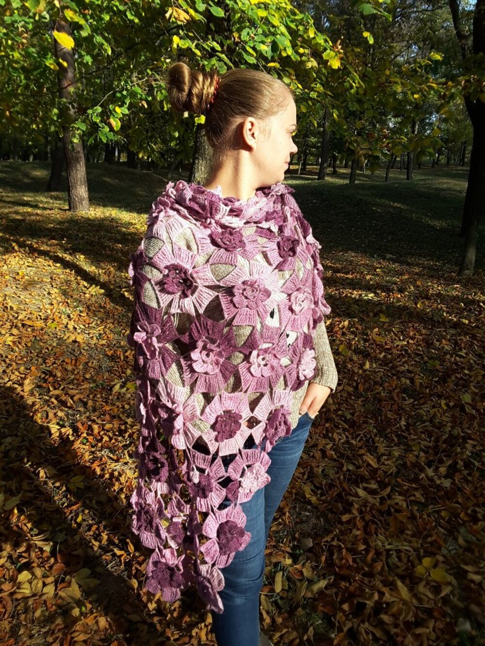 Handmade Pink 3D Floral Crochet Shawl Boho Flower Wrap